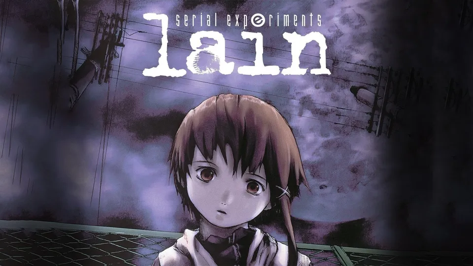 Serial Experiments Lain key art: Lain under power lines at night