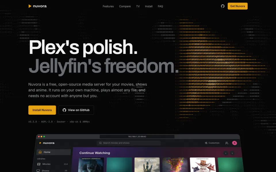 Nuvora homepage: Plex's polish, Jellyfin's freedom